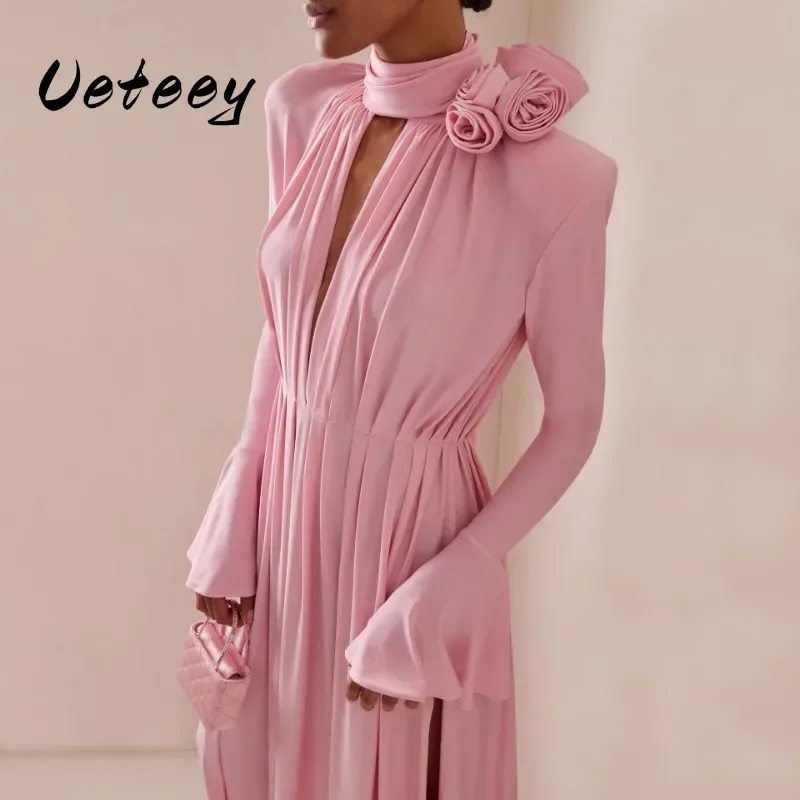 

Ueteey Spliced Appliques Ruched Dresses for Women Half High Collar Flare Sleeve High Waist Split Bodycon Dress Female Clothes