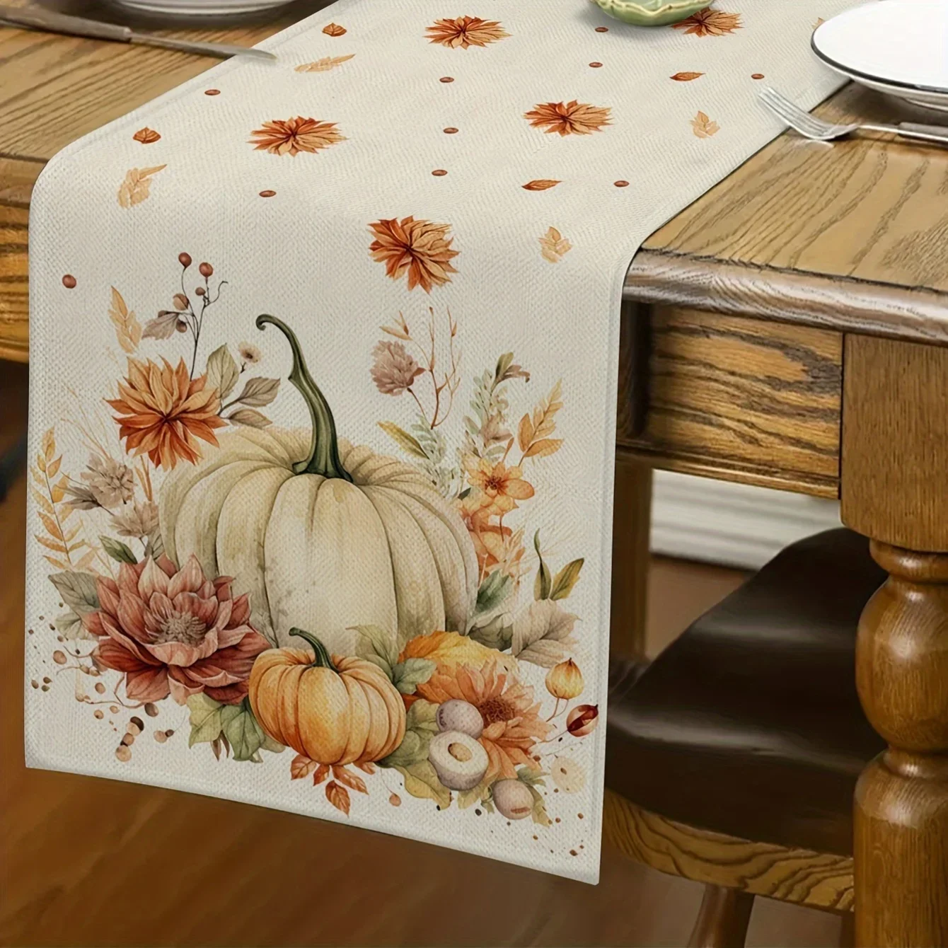 Autumn Thanksgiving Pumpkin and Fall Leaves Design Table Runner Home Decoration for Indoor & Outdoor Festivities Table Flag