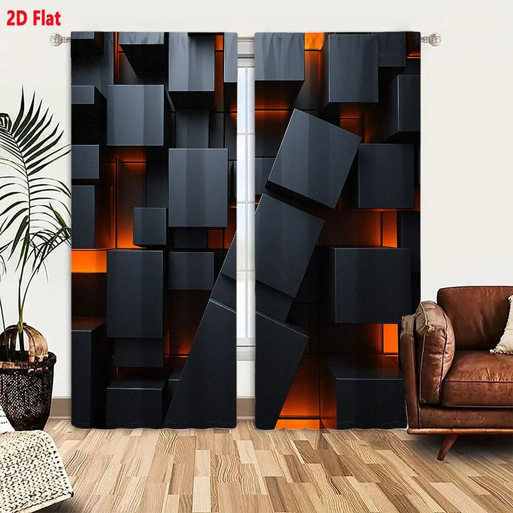 2Pcs Curtains 2D Flat Abstract Matte Black Cubes With Glowing Orange Light And Diagonal Stack Window Drapes for Bedroom Room Dec