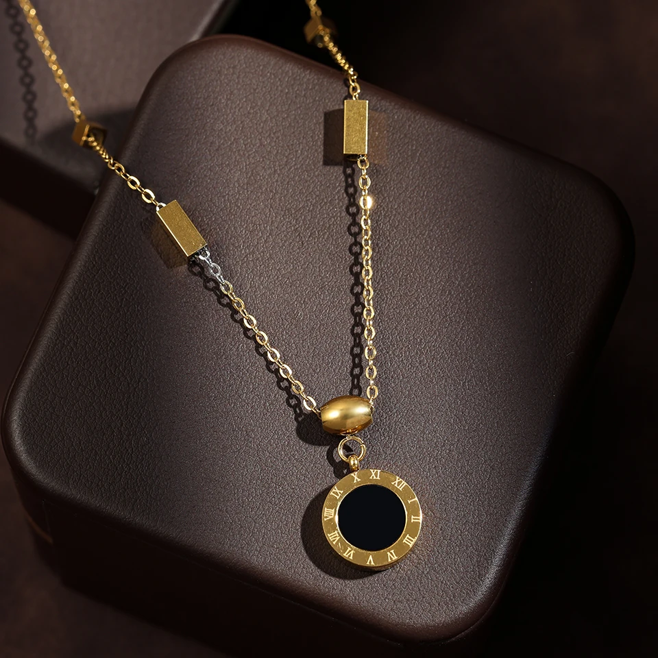 RAKOL Stainless Steel Roman Numerals Necklace for Women Gold-Color Fashion Zircon Long Pendant Necklaces Girls Jewelry image 3