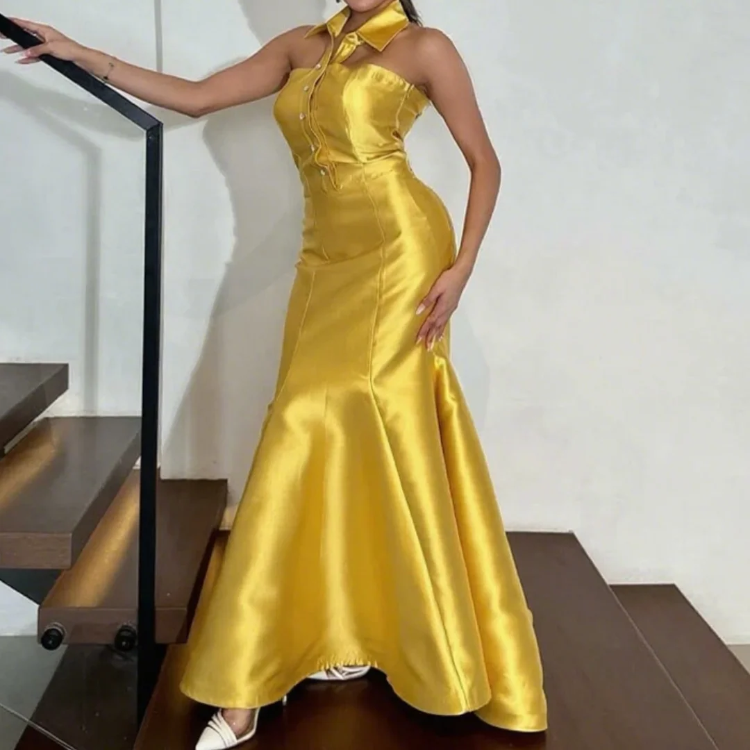 Yellow Satin Evening Dresses Mermaid Prom Gowns for Women High Neck Button Sleeveless Pleated Sexy Party Dress Customized