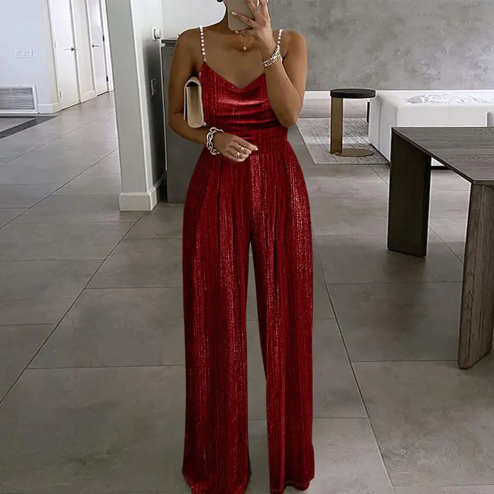 Trendy Jumpsuit Elegant Pearl Deep V Neck Jumpsuit for Women Wide Leg Solid Color High Waist Party Prom Jumpsuit Women