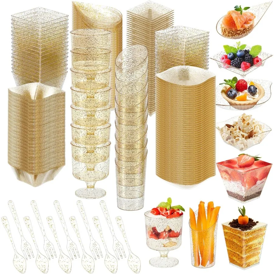 

Tessco for you 400 Pcs Mini Appetizer Plates Dessert Cups Spoons Forks Set Dessert Containers Assorted Shape Plastic Parfait Cu