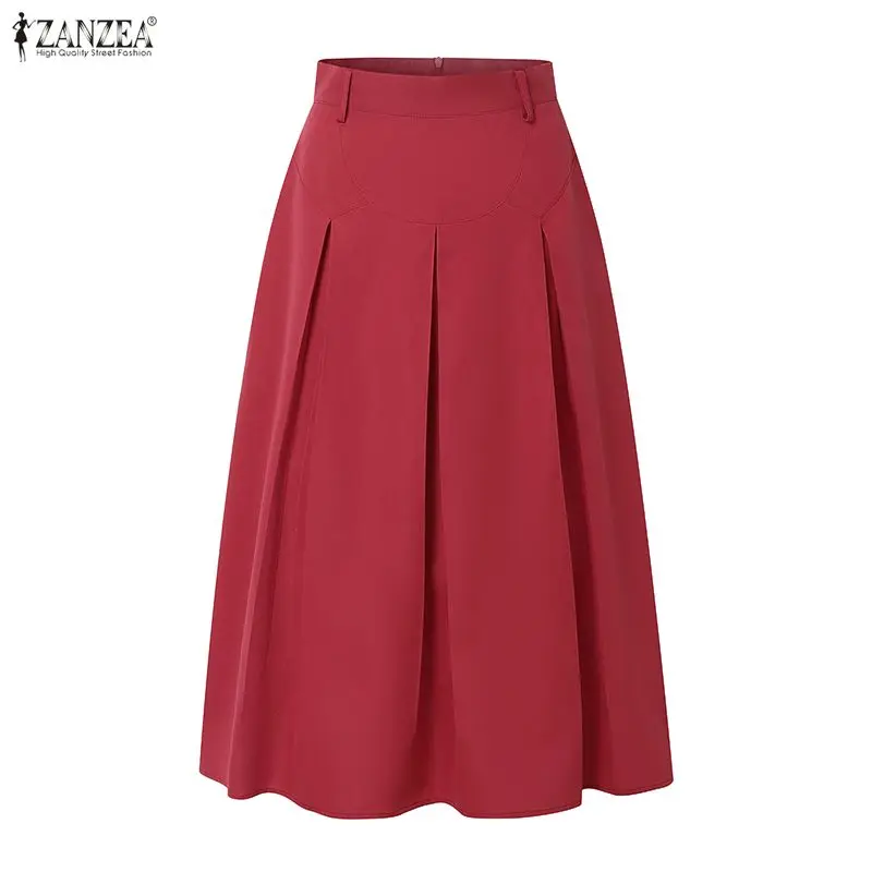 

2026 ZANZEA Элегантная женская офисная юбка с высокой талией, летняя однотонная миди-юбка, модная А-образная юбка, стильная юбка для вечеринок