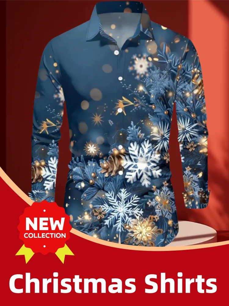 

Men's Long Sleeve Shirt High Quality 3D Snowflake Print Casual Fashion Design Comfortable Grid Geometric Mens Christmas Shirts