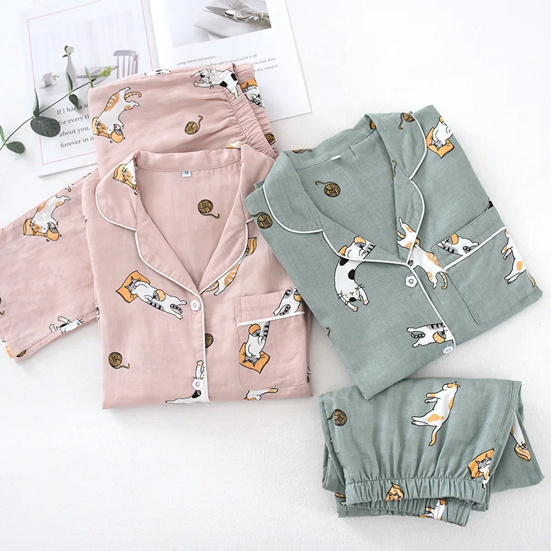 Conjunto de pijamas feminino Cartoon Cat, pijamas femininos, 100% algodão de gaze, camisa e calça com gola virada para baixo, Comfort Nature, 2 peças