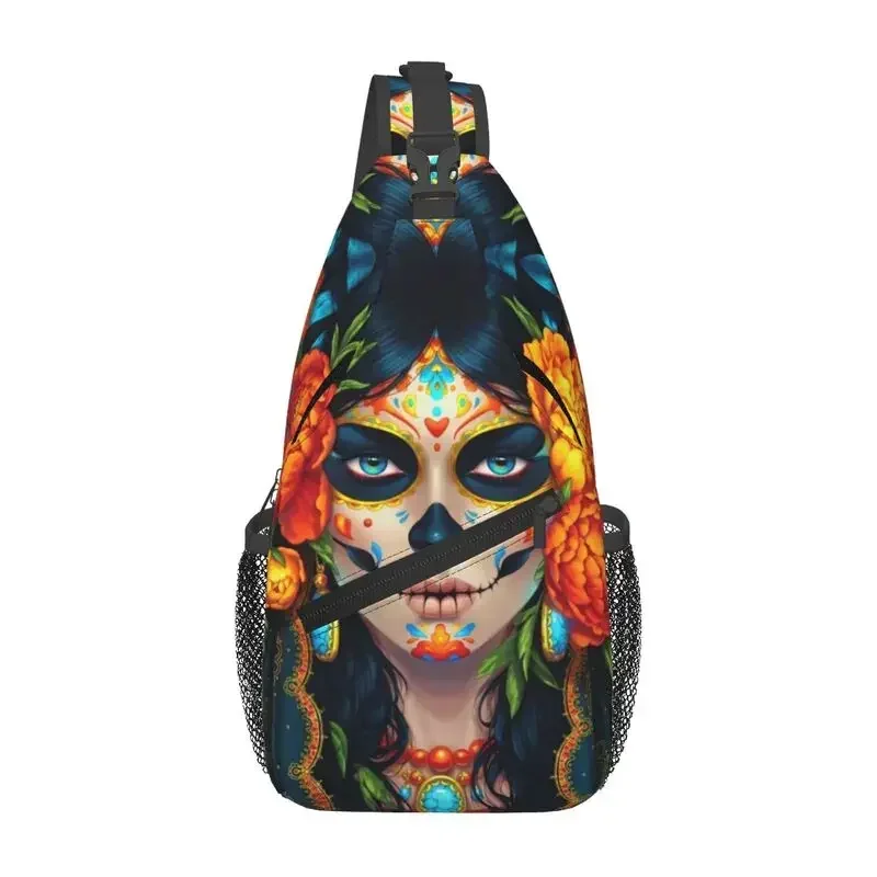 

Custom Mexican Catrina Sugar Skull Lady Sling Chest Bag Custom Crossbody Shoulder Backpack for Men Cycling Camping Daypack
