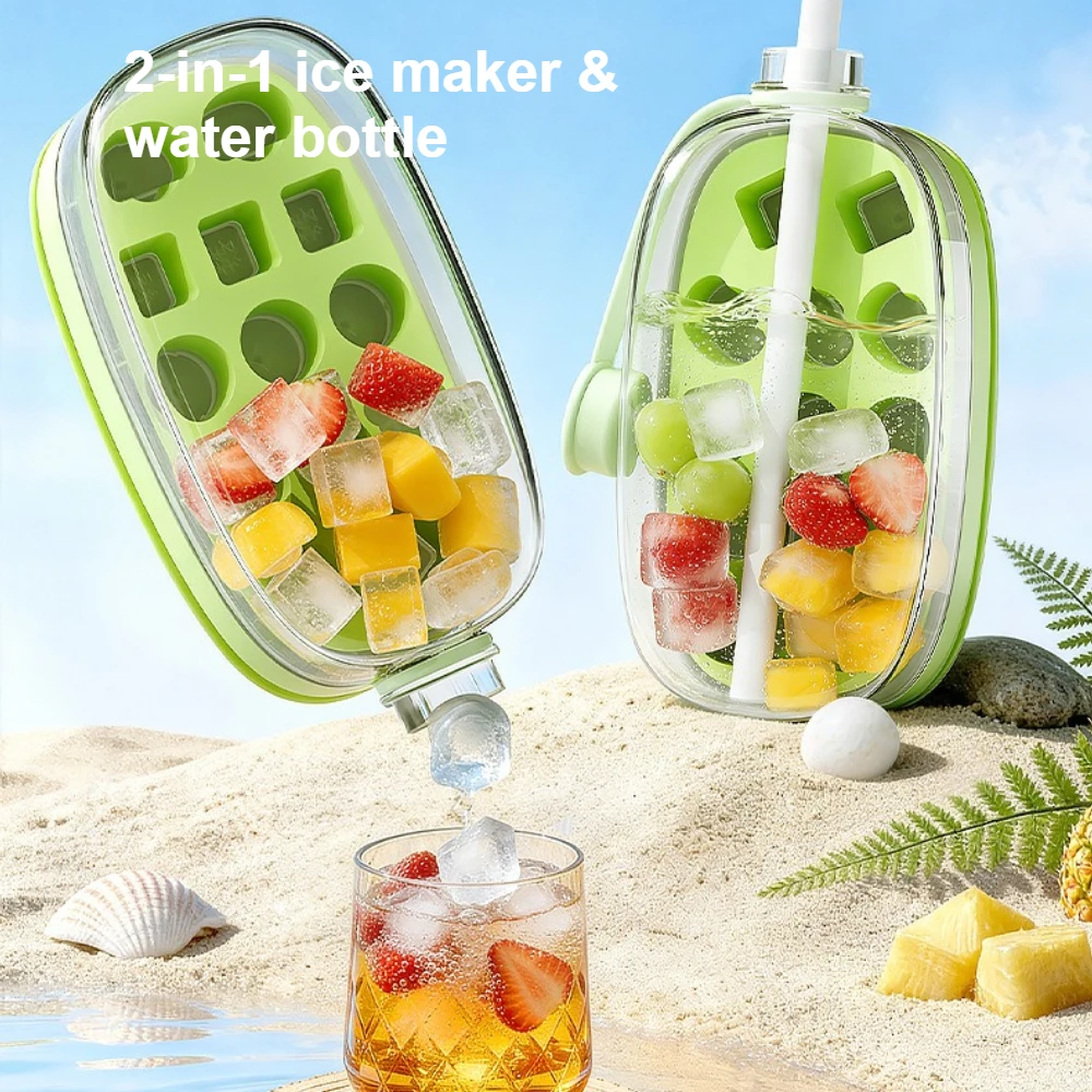 

2in1 Ice Maker with Lid Straw Ice Cube Mold Tray Ice Cream Water Bottle NO SPILL Ice Mold Easy Press To Release