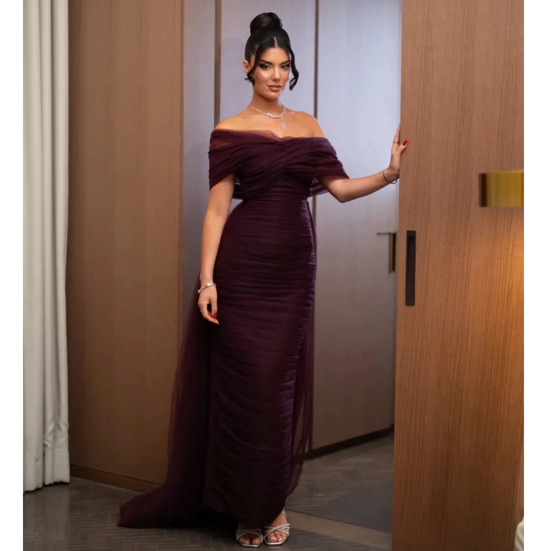 

Простые фиолетовые вечерние платья в стиле русалки, скромные тюлевые платья с открытыми плечами для выпускного вечера, винтажные платья для дня рождения в Дубае, на заказ