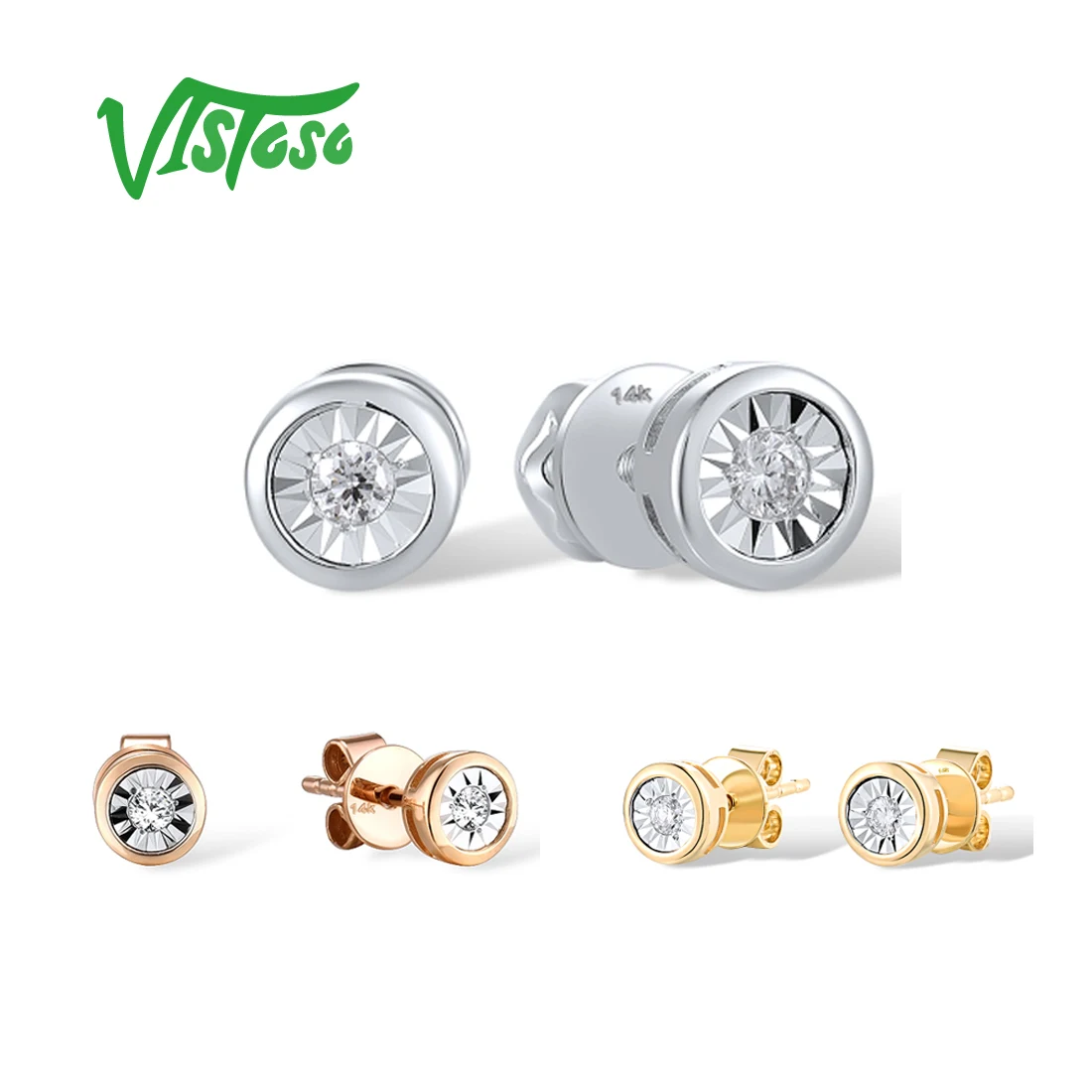 

VISTOSO Pure 14K 585 Two-Tone Gold Sparkling Illusion-Set Miracle Plate Diamond Earrings For Women Fashion Trendy Fine Jewelry