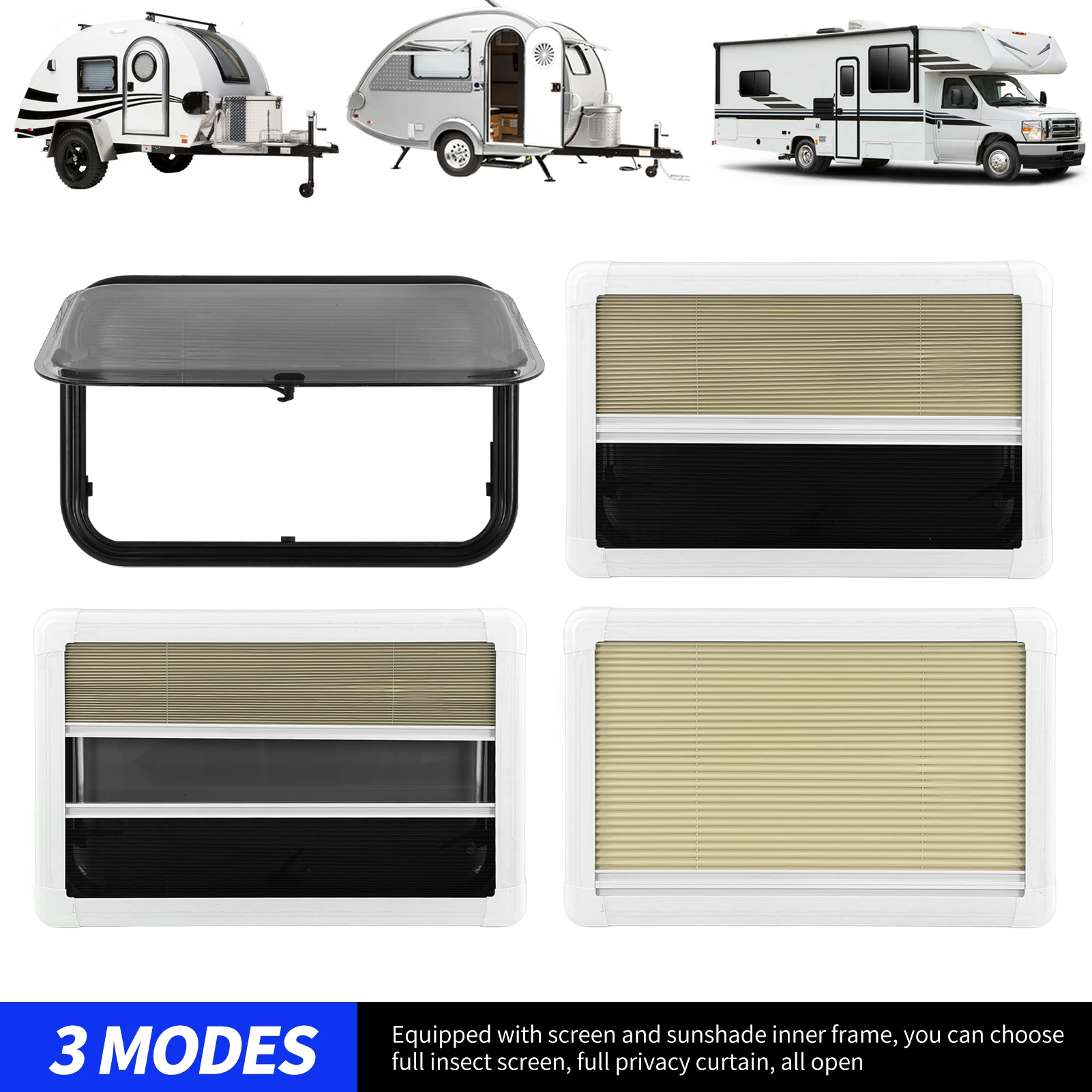 

RV Window L800 H500mm with Screen Sunshade Double Layer Acrylic Glass Anti UV Push Out Window for 28 to 45mm Wall Trailer Window