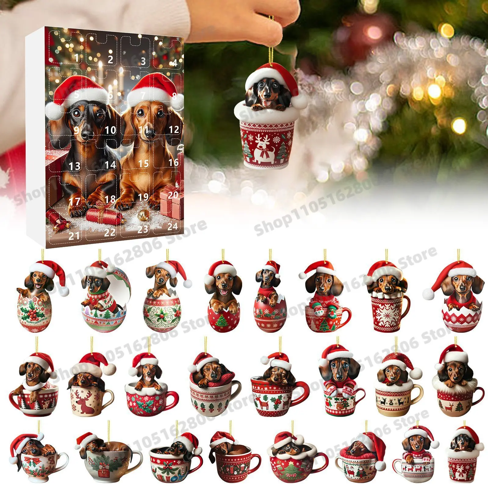 

New 2D 2025 Dachshunds Advent Calendar 24 Days Christmas Countdown Calendar Xmas Tree Hanging Pendant Ornament Christmas Gift
