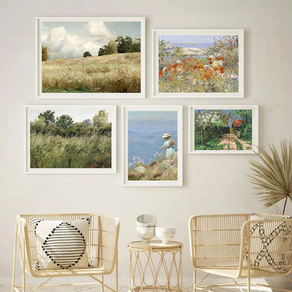 Antique French Country Natural Scenery Wildflower Field Landscape Poster Canvas Painting Wall Art Pictures Home Farmhouse Decor