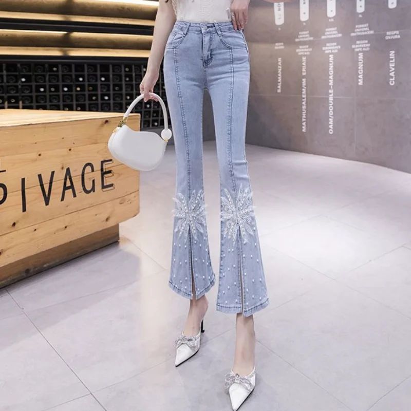 Womens Jeans Pipe with Rhinestones Skinny Cropped Pants for Women Slim Fit Lace Slits and Capris Bell Bottom Flare Trousers Emo