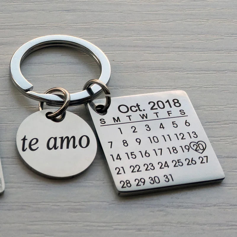 Personalized Calendar Keychain Engraved with Your Date Text Signature Keyring Hand Stamped Date with Heart Customize Key Chain