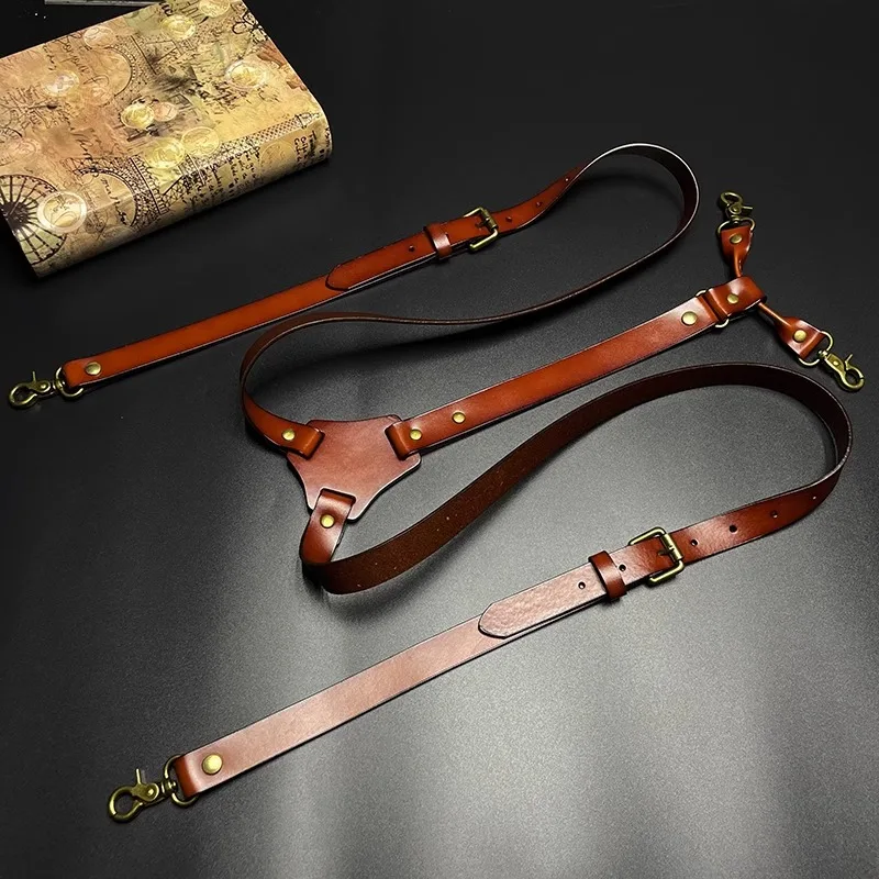 2*125cm Vintage oryginalne skórzane męskie szelki 4- haczyki Y-back regulowane szelki GUCUANNVIC szelki spodnie damskie szelki