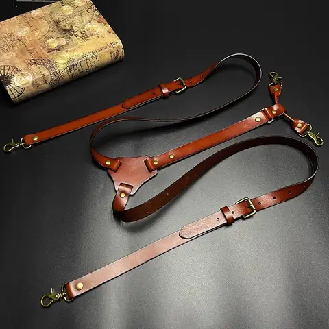 2*125cm 빈티지 정품 가죽 남성 멜빵 4 후크 Y 백 조절 멜빵 GUCUANNVIC 멜빵 바지 여성 교정기