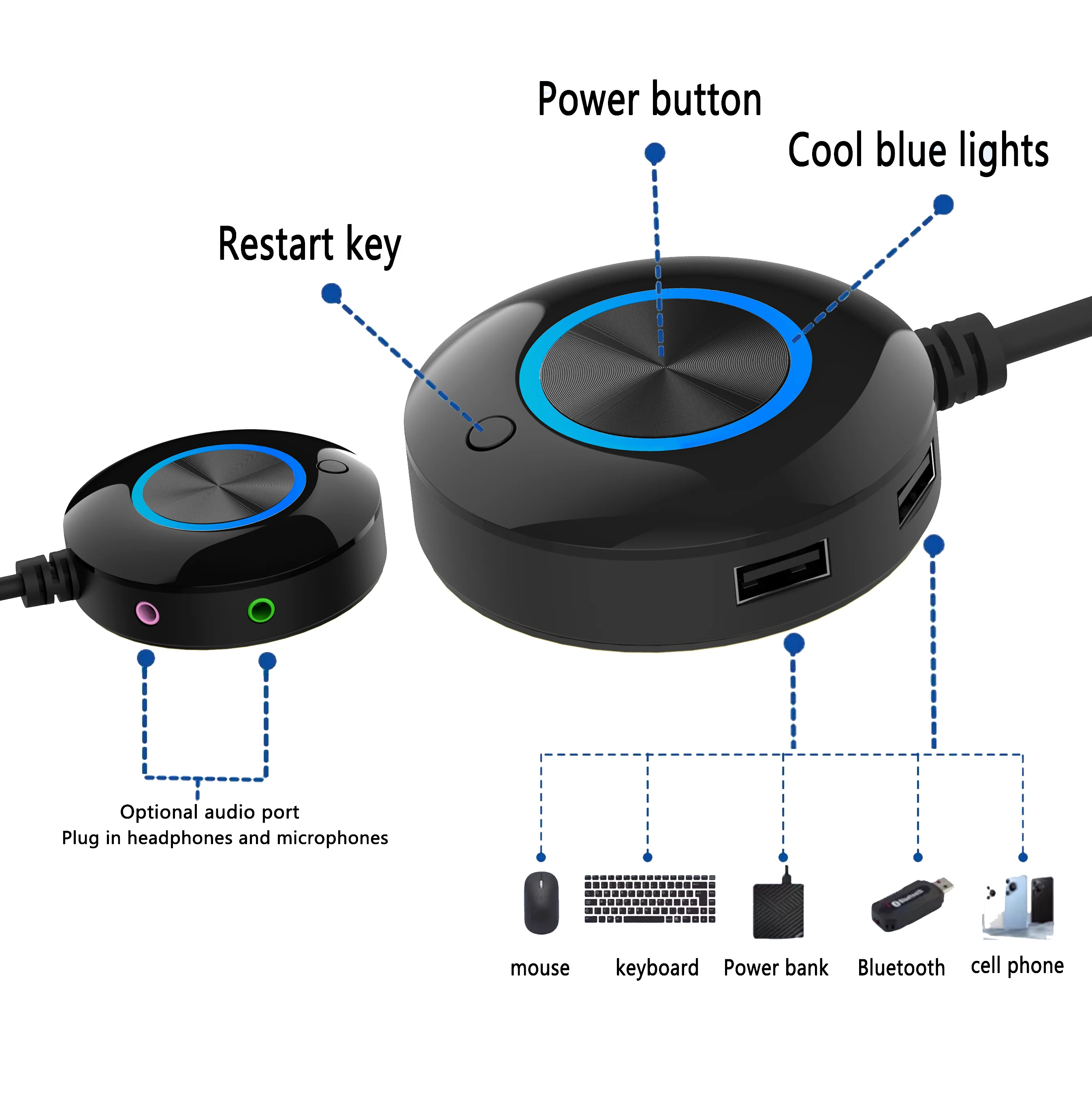 Botão interruptor de mesa para computador com áudio USB duplo host de mesa interruptor adesivo de botão de partida externo