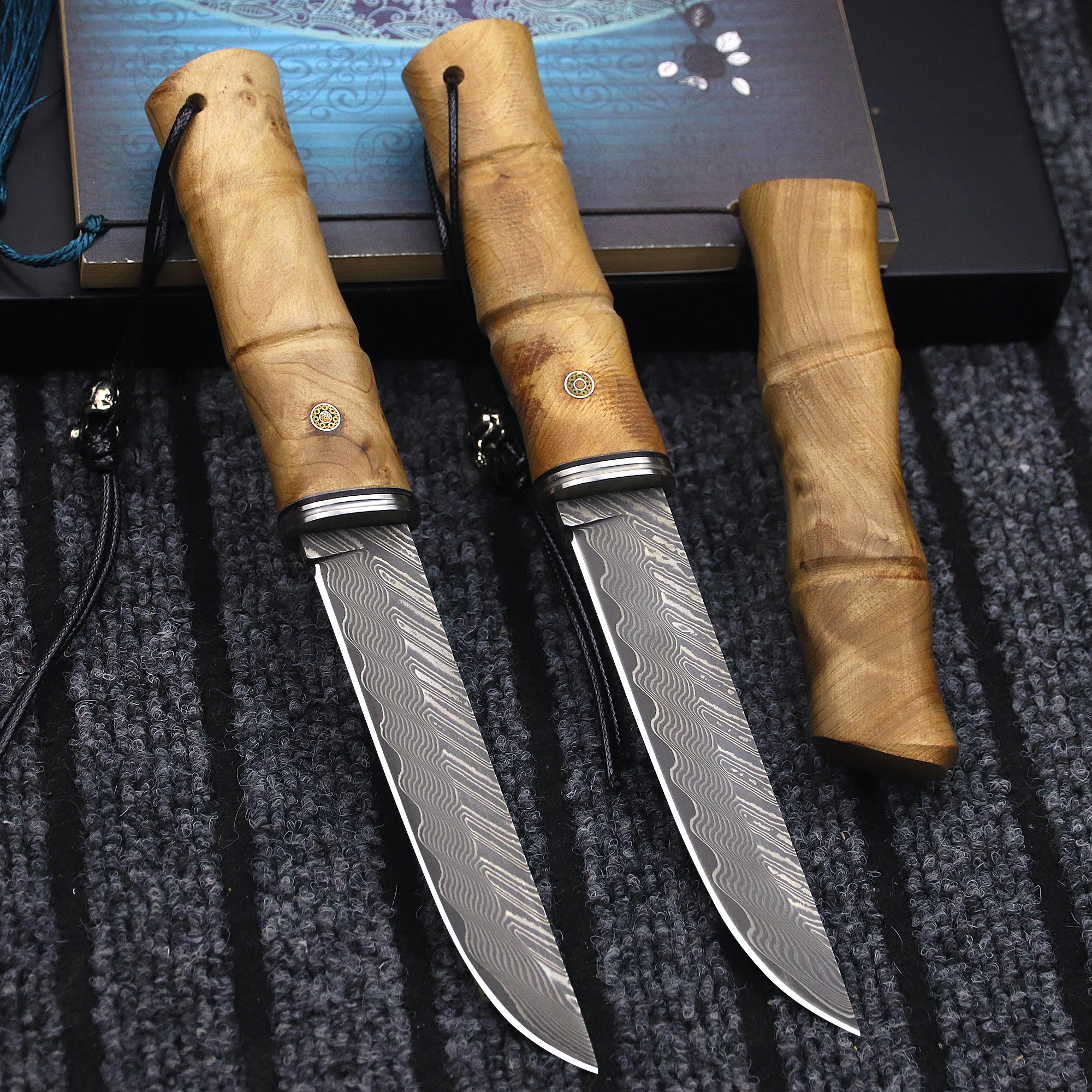 Japanese handmade bamboo festival collection Damascus steel knife, jungle hunting straight knife, outdoor survival knife