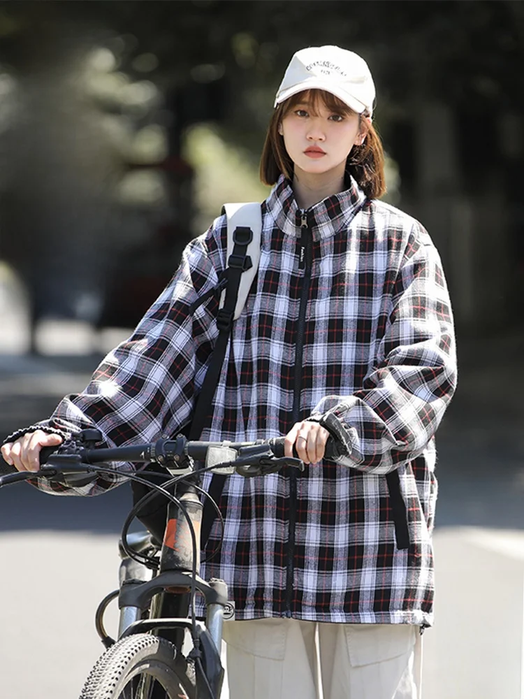 

PaulFrank Double-Sided Wear Plaid Casual Couple Jaet Loose Fit Anti-Wind Long Sve Zipper Closure Youth Faion Outerwear