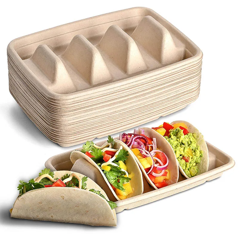 50Pcs Disposable Taco Holder With 3 Dividers Taco Serving Plates Stackable Taco Tray Holder Potato Chips Corn Roll Rack
