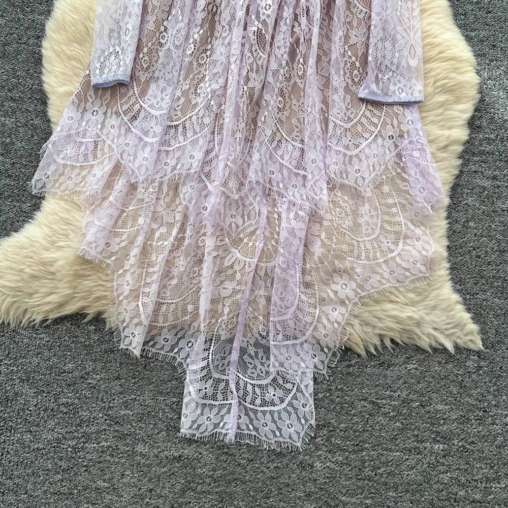 Französisches High-End-elegantes sexy schiere Abendkleid für Damen, O-Ausschnitt, lange Ärmel, Spitze, asymmetrischer Saum, kurzes Kleid, High Street Bankett