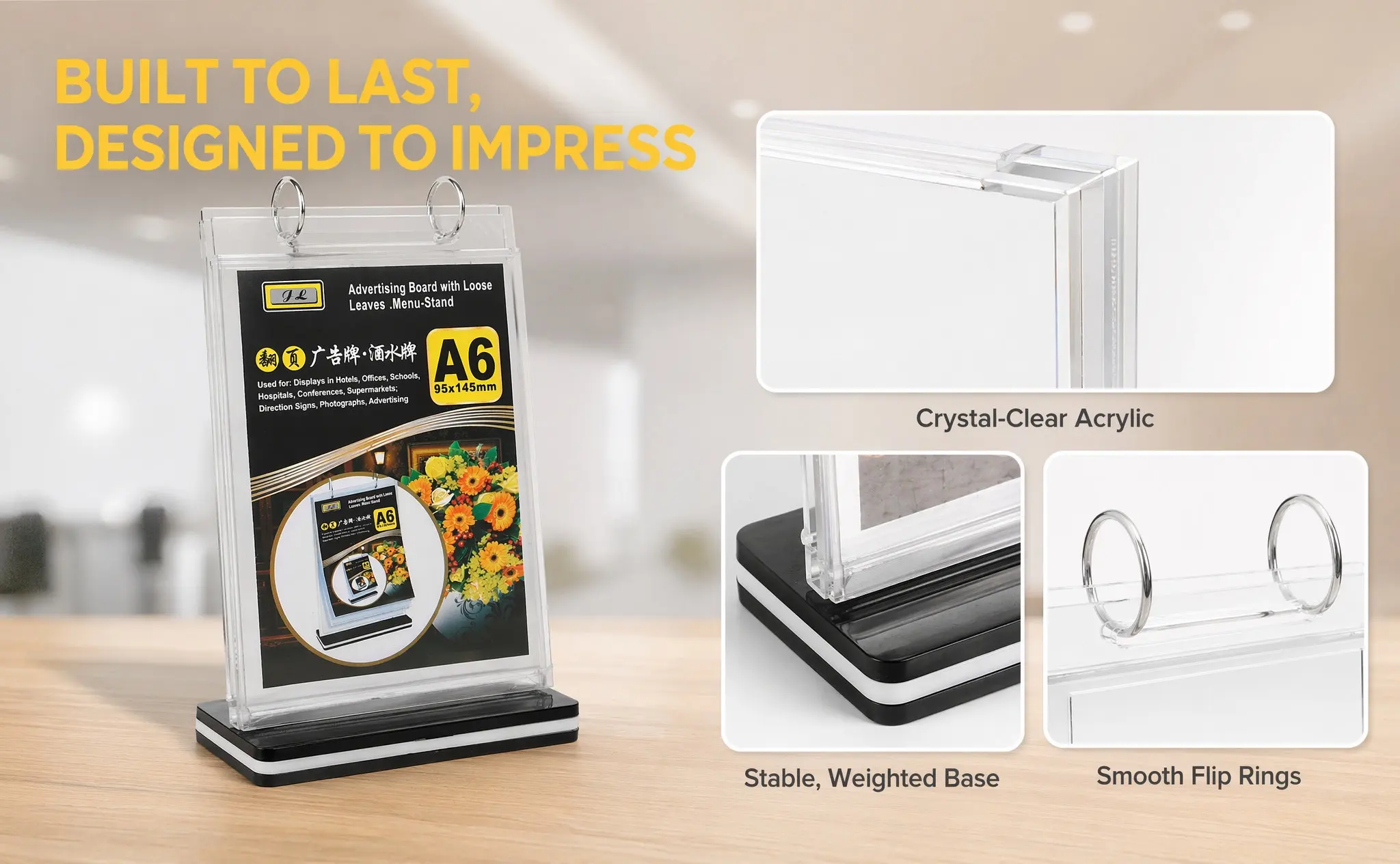 Desktop Menu Holder PVC Display Stand Stable Base Clear Poster Rack for Restaurants Bars Coffee Shops Catering Events