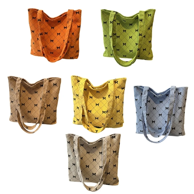 

Casual Corduroy Shopper Bag Bows Print Large Capacity Handbag for Work Travel