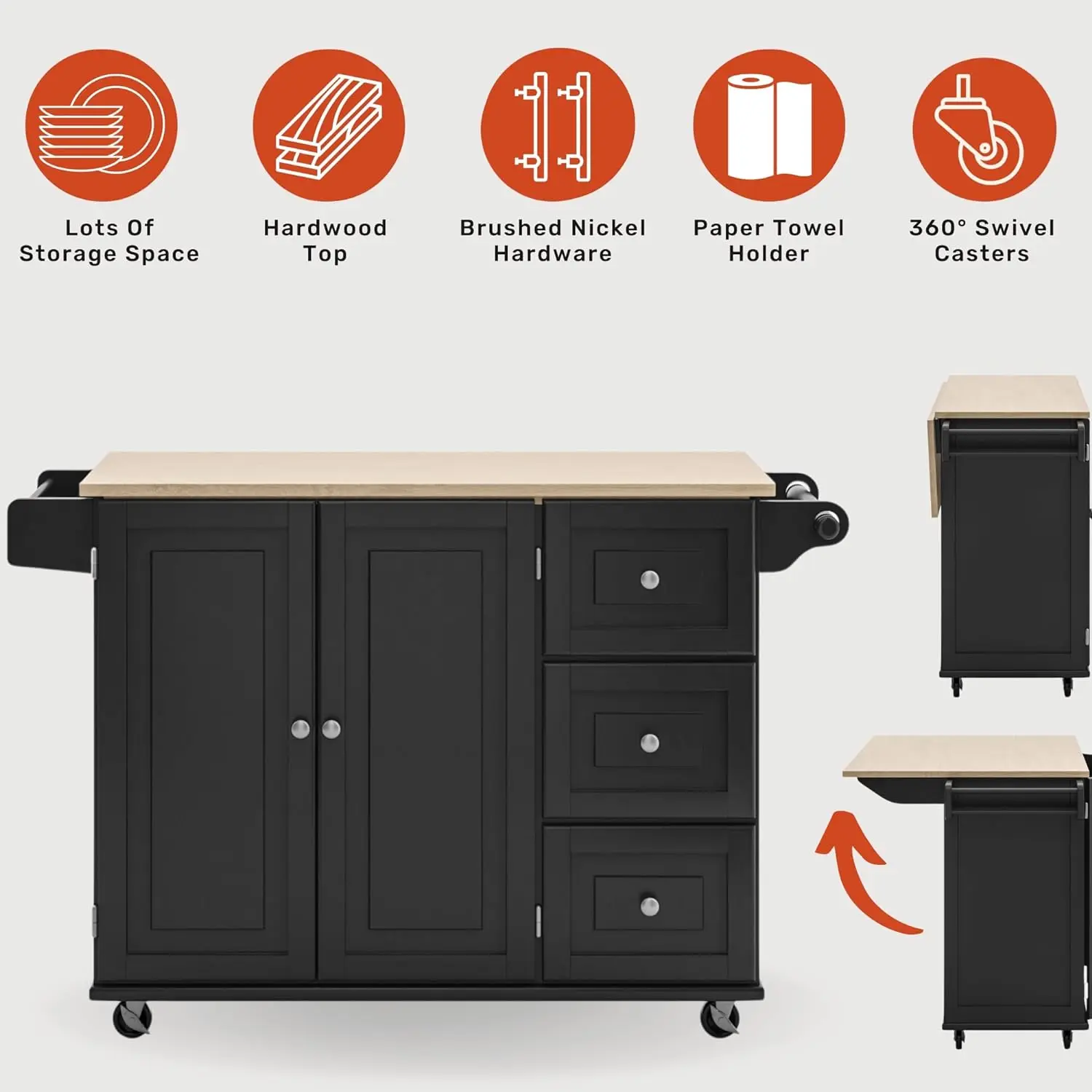 Dolly Madison Kitchen Cart with Wood Top and Drop Leaf Breakfast Bar, Rolling Mobile Kitchen Island with Storage and Towel Rack