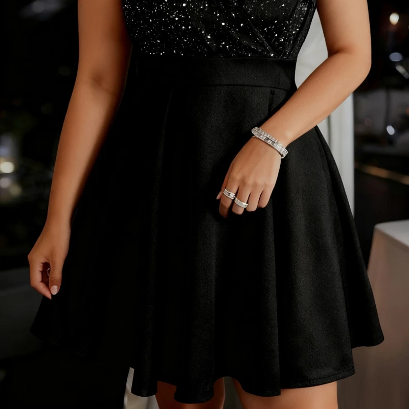 

Plus Size Sexy Women's Evening Dress Elegant Large Size Bow Shiny Sequin Mesh Splice Sleeveless V-Neck Sleeveless Party Dresses