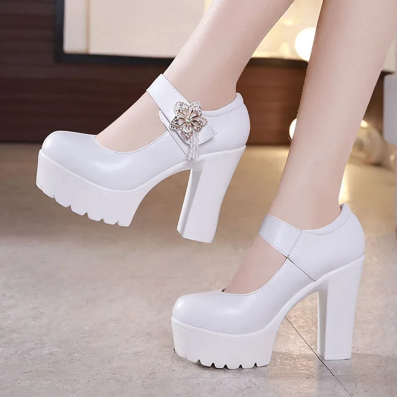 Small Size 32-43 Soft Leather Silver White Wedding Shoes Bride 2024 Women\'s Block High Heels Shoes Platform Pumps Model Party