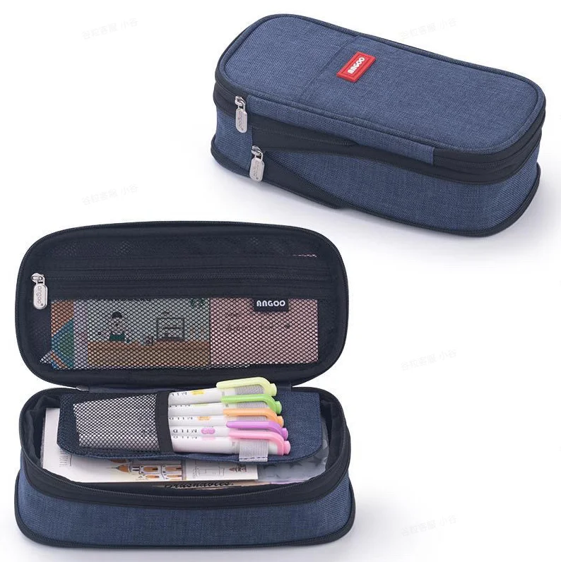 A double-layer canvas pencil case with a window, minimalist solid color, large capacity, macaron color scheme, dirt-resistant st