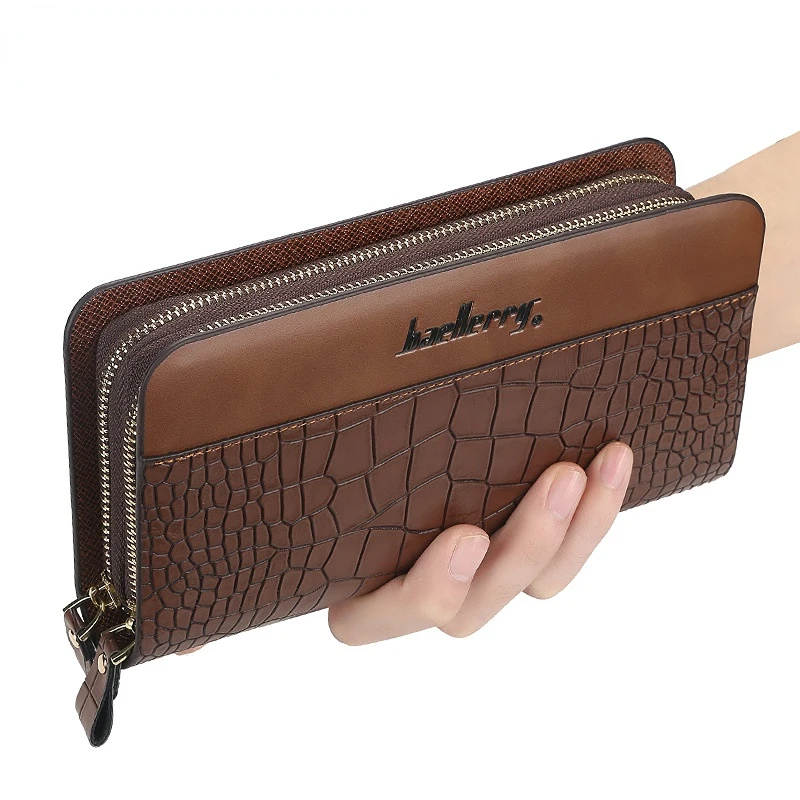 

Men's Long PU Leather Cellphone Clutch Vintage Wallets Multi-functional Crocodile Purse Card Coin Holder Double Zipper 7-5