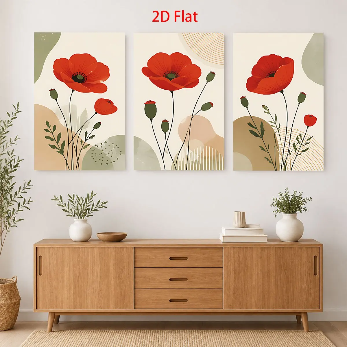 (No frame)3PCS 2D Flat- Three 2D flat artworks with red poppies and abstract shapes on walls themed canvas wall art print - r