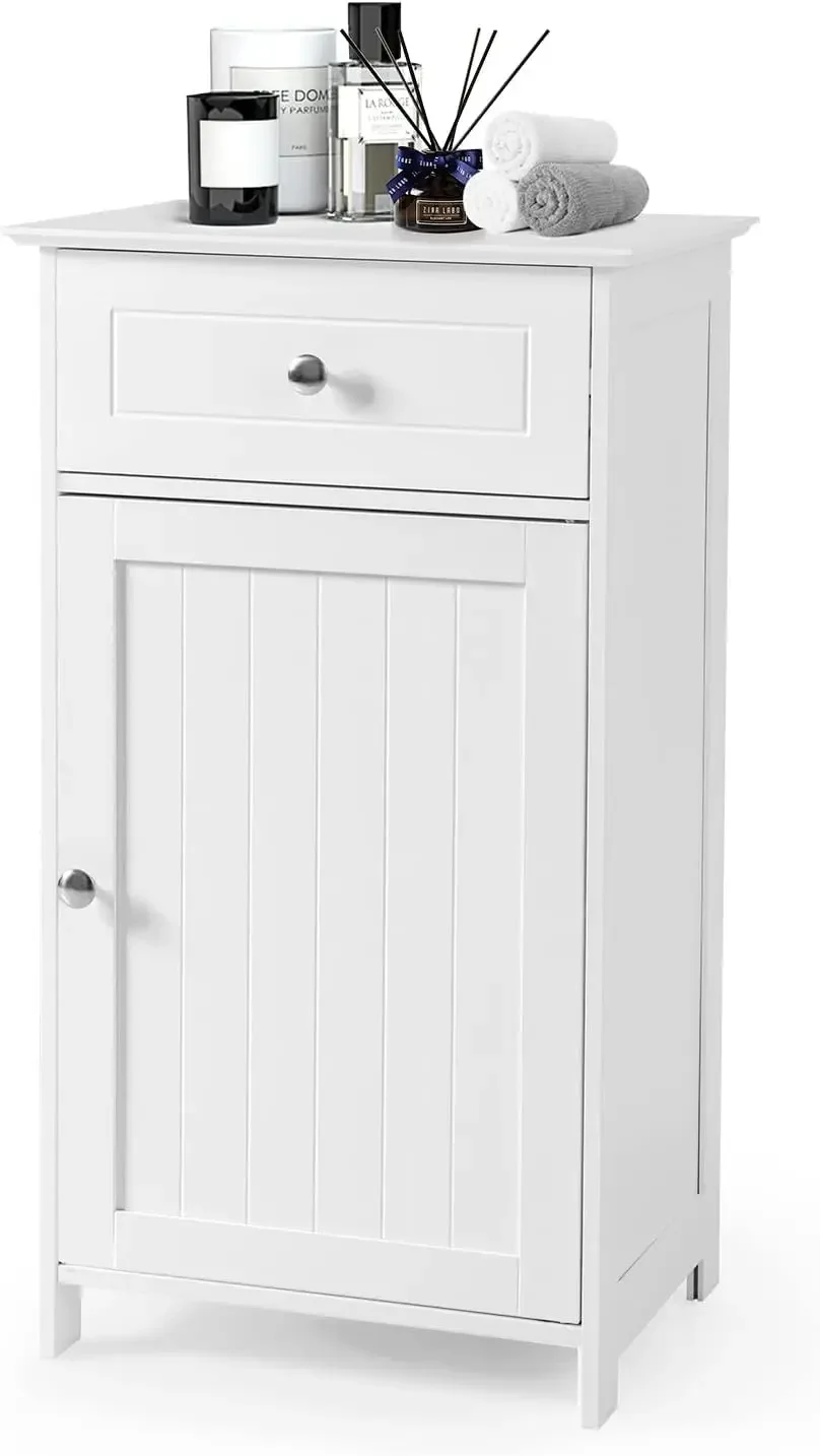 Bathroom Floor Cabinet, Single Door Side Storage Cabinet with Drawer, Wooden Storage Organizer for Bathroom, Living Room, Entryw