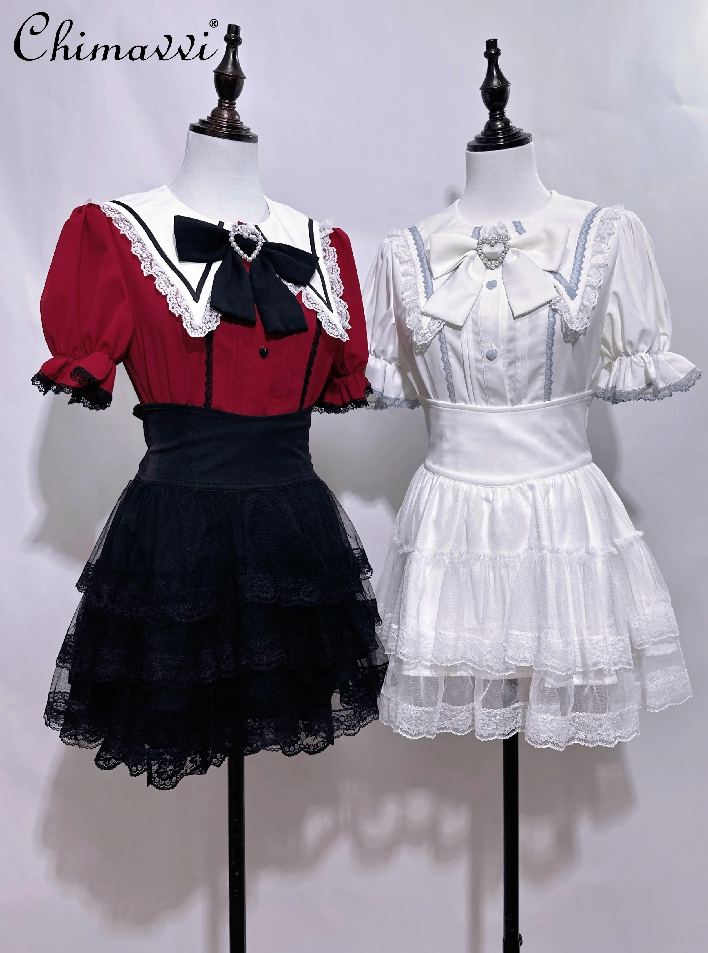 

Original Mine Series Mass-Produced Sub-Culture Water Color Red and White Blouse Japanese Sweet Girl Short Sleeve Lolita Shirts