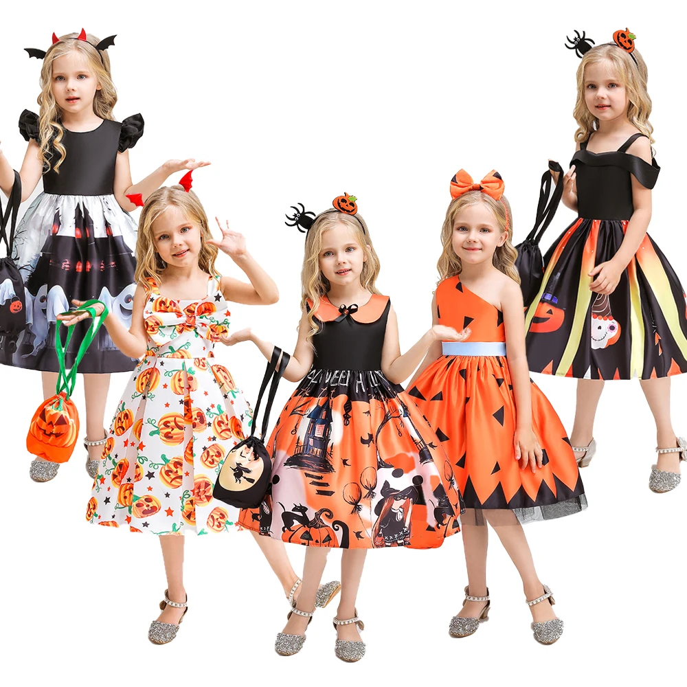 

Halloween Pumpkin Bat Print Cosplay Girl Costumes Kids Christmas Carnival Costume for Children Birthday Princess Party Dresses