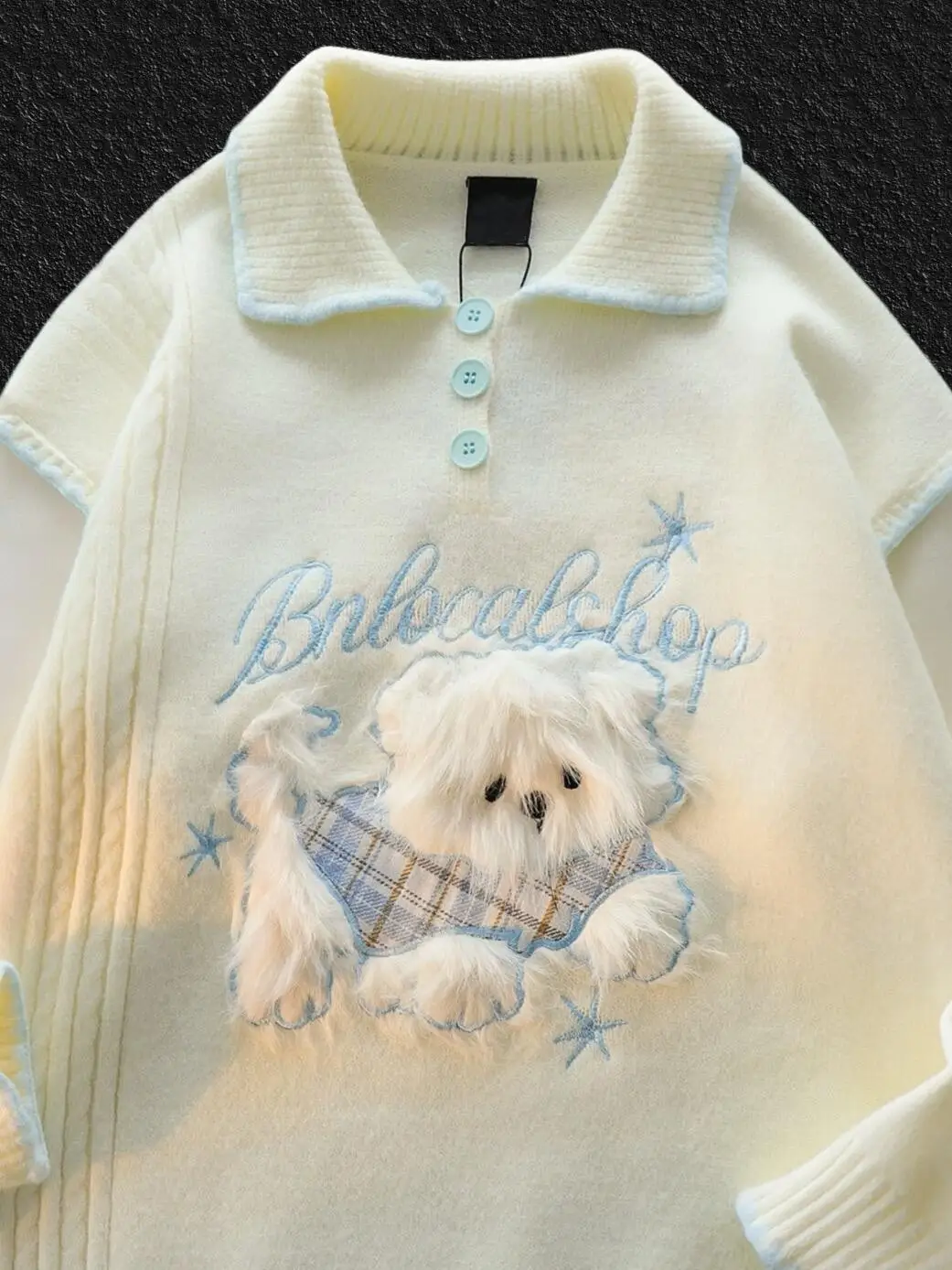 Sweet Lolita Girls Japanese Kawaii Fluffy Puppy Polo Sweater, Soft Pastel Collar Knit Top for Women Thicken Winter Warm Tops