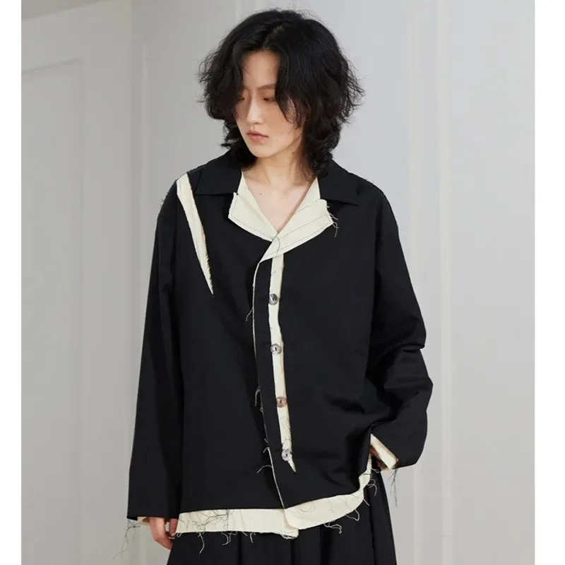 Women Color-block Burr Big Size Black Blouse New Lapel Long Sleeve Loose Fit Shirt Fashion Tide Spring Autumn 2024 1DF3955