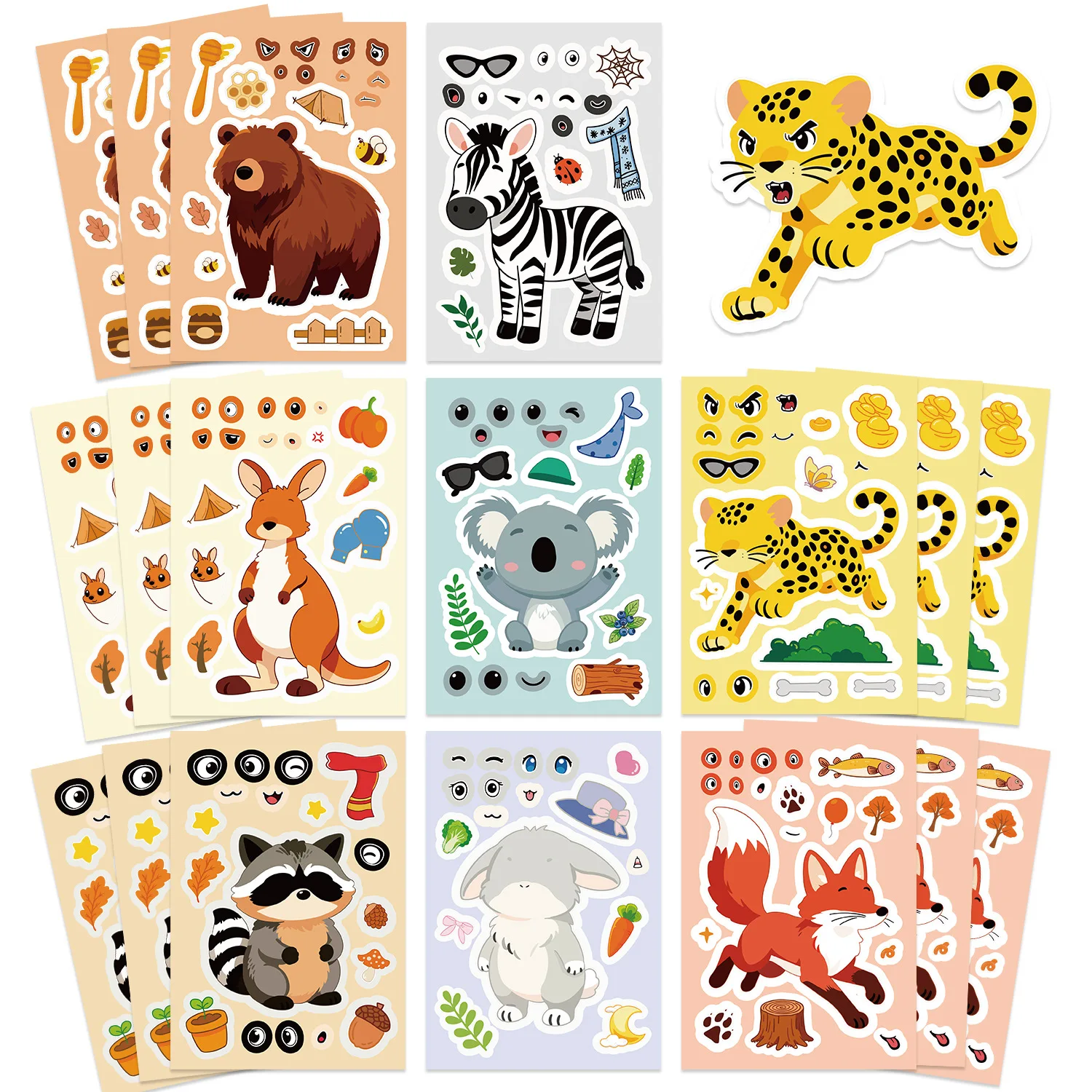 8/16 pièces dessin animé Animal faire un visage Puzzle autocollants jeu amusant bricolage étanche pour téléphone Doodle conseil cahier papeterie boîte bureau