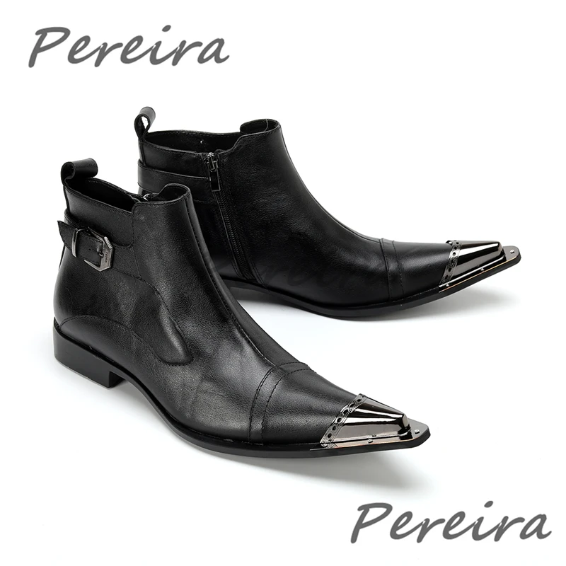 Red Black Iron Pointy Toe Men's Ankle Boots Fashion Belt Buckle Printed Genuine Leather Booties New Banquet Party Dress Shoes view 5