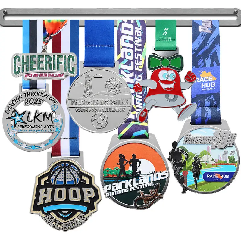 Custom Metal Cut Out Medal Antique Silver Enamel Running Marathon Sports Medals Ribbons