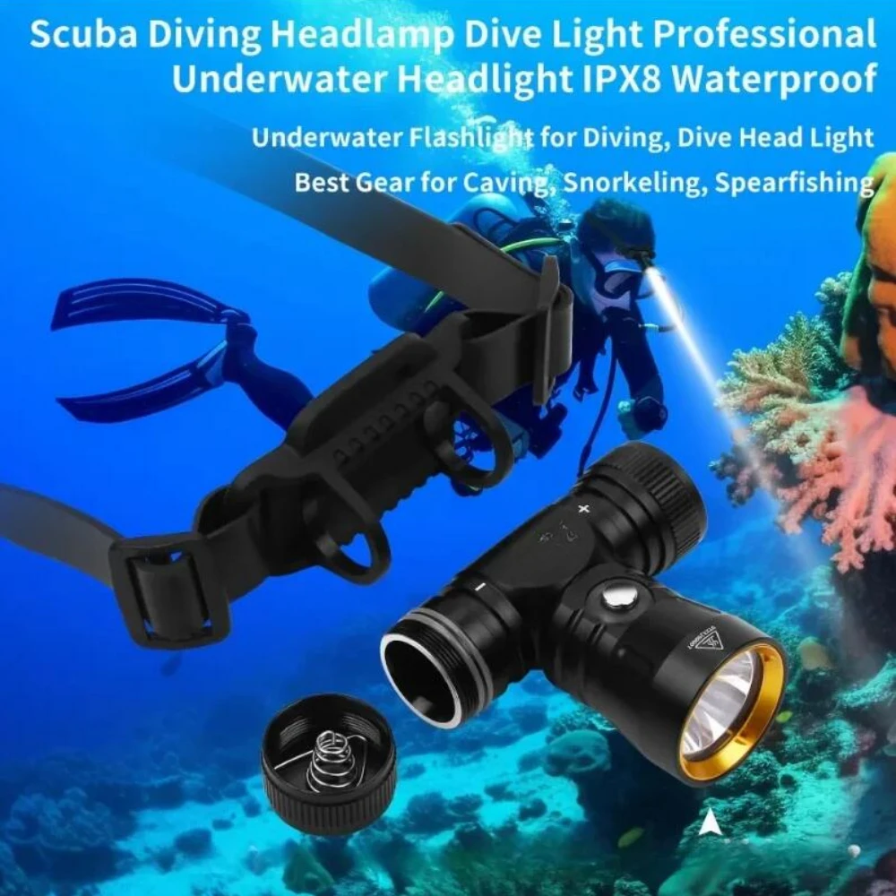 Glare LED Scuba Diving Headlamp IPX8 Waterproof Headlight Underwater 200M 26650 Battery Dive Head Torch Charge Display Lantern