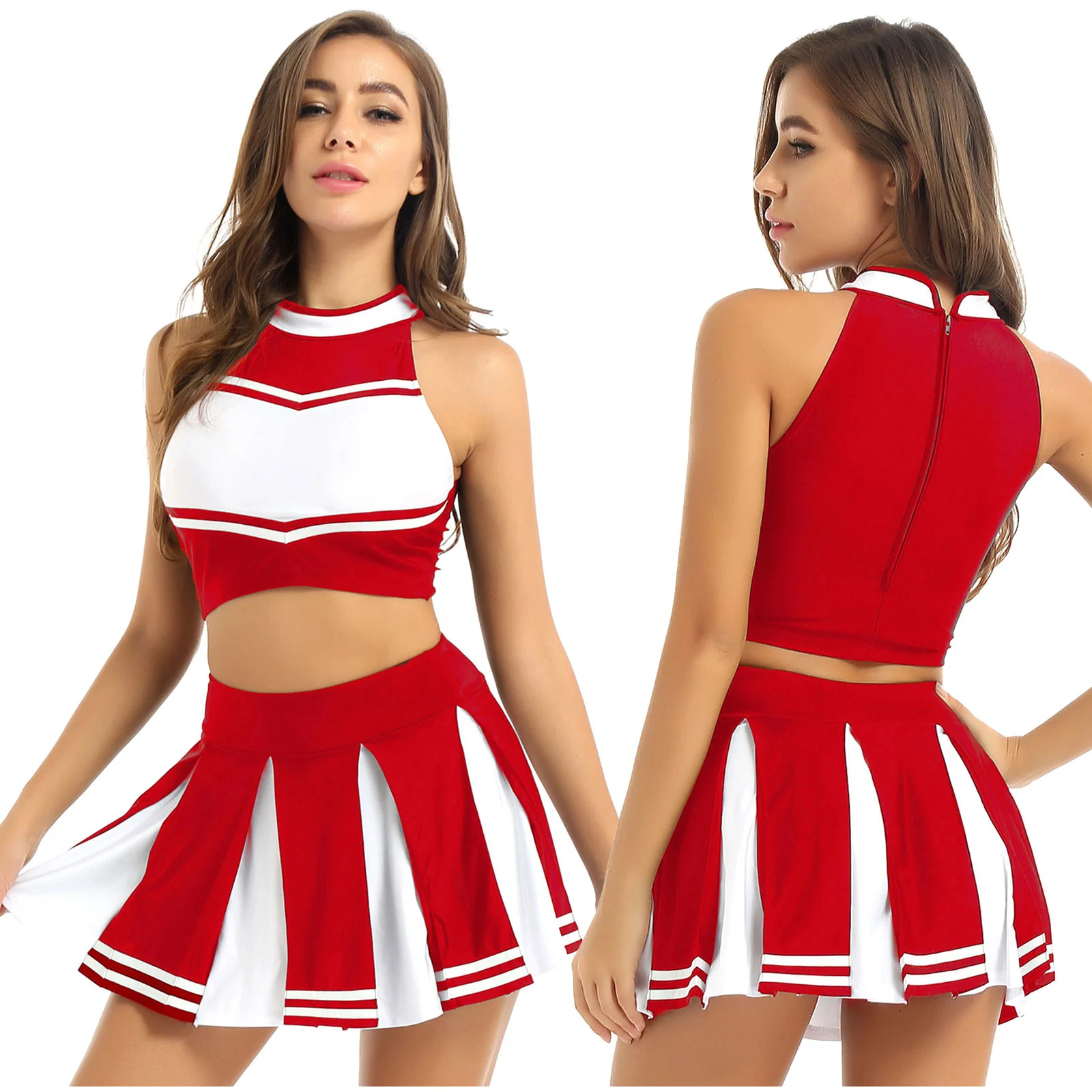 2Pcs Frauen Erwachsene Cheerleading Kostüm Uniform Karneval Cosplay Outfit Stehkragen Ärmel Crop Top mit Mini Plissee Rock