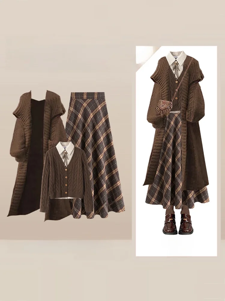 Conjunto de invierno Retro Hong Kong Sle para mujer, abrigo de punto suelto, conjunto de falda a cuadros, conjunto informal Faionable