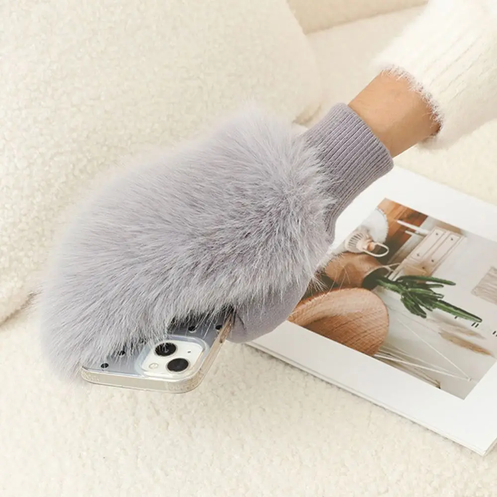 Cute Imitation Rabbit Fur Windproof Gloves Thick Warm Soft Gloves Lining Full Fingers Winter Warm Gloves Cold Weather