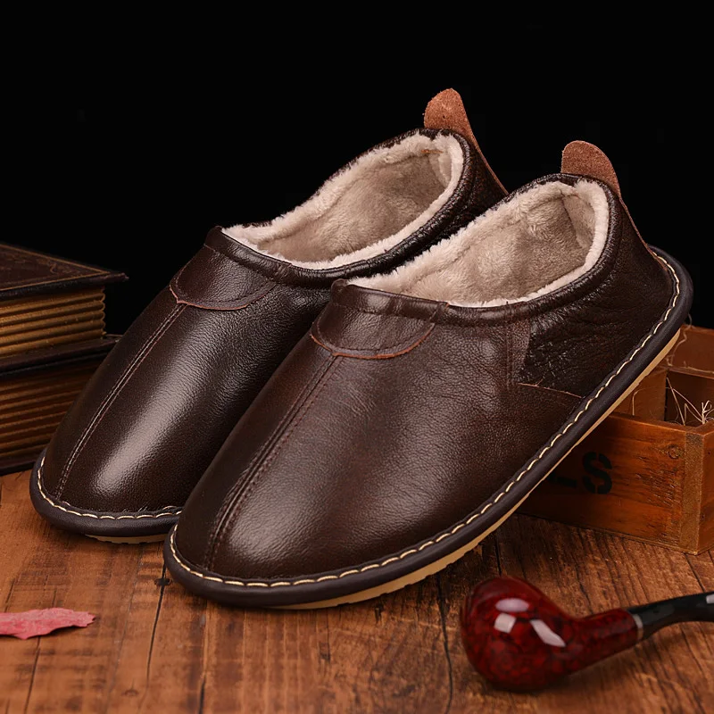 Genuine Leather Couple\'s Winter Home Slippers Warm Soft Anti-Skip House Casual Shoes Men and Women Indoor Slippers