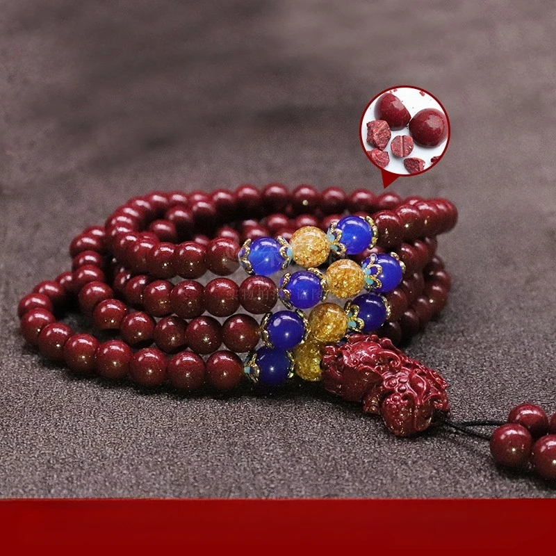 Cinnabar Bracelet with 108 Beads, Natural Cinnabar Pixiu Charm Bracelet for Women, Empress Purple Gold Cinnabar Bracelet