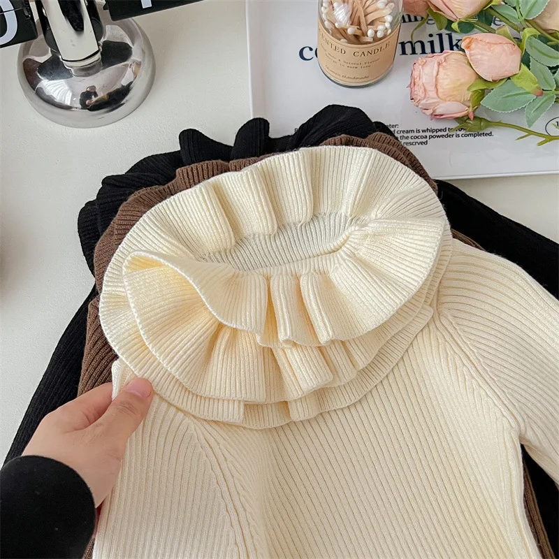 Petal Collar Sweater for Girls Korean Kids Autumn Winter Thicked Warm Knitted Pullover Slim Long Sleeve Bottoming Tops