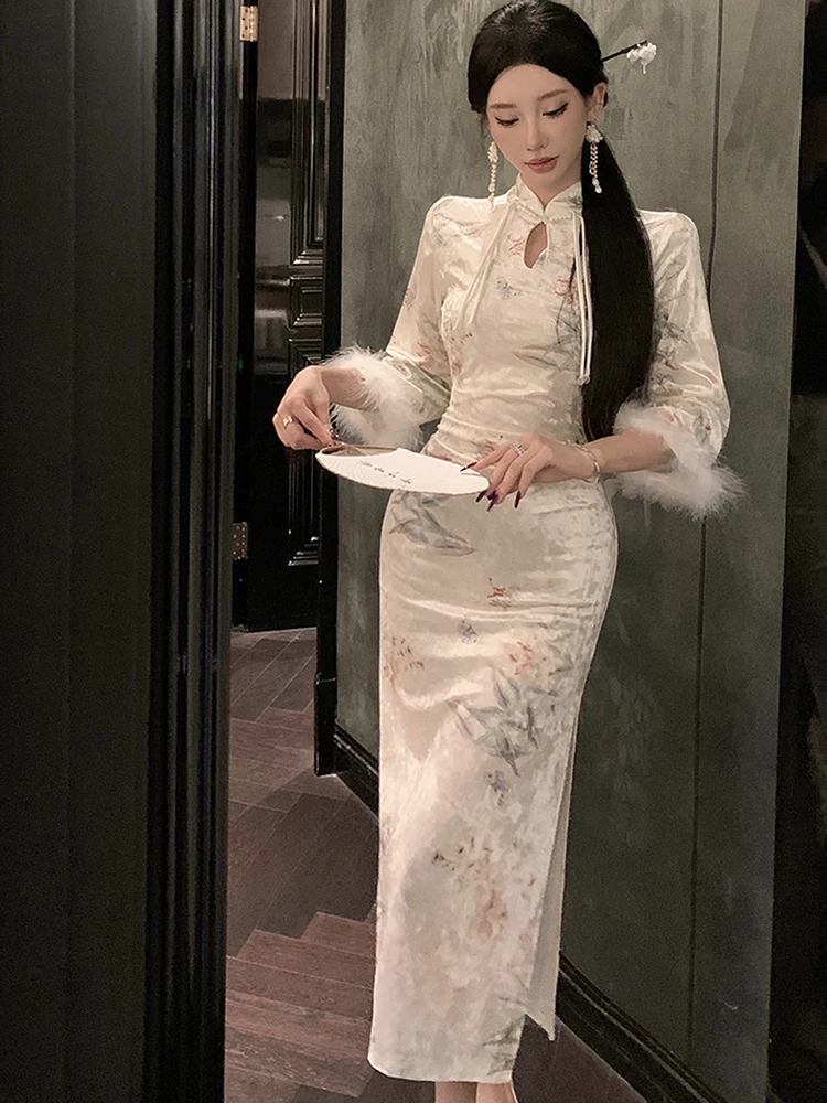 2023 Floral Samt Satin Stehkragen Langes Kleid Frauen Koreanische Elegante Luxus Festival Kleid Herbst Winter Bodycon Abendkleid